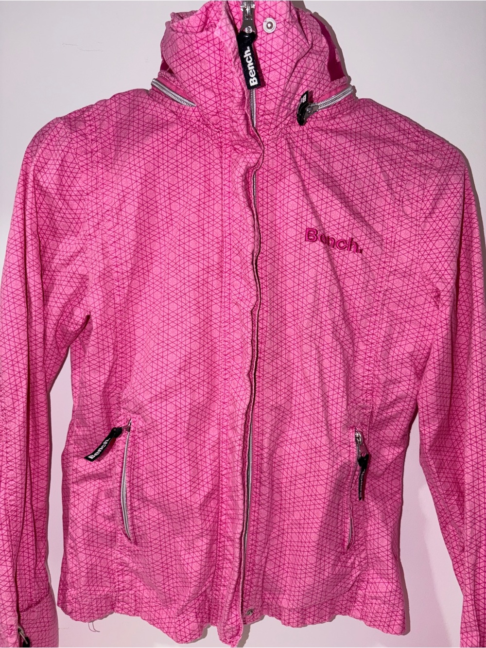 Bench Pink Geometric-Print Lightweight Hooded Utility Jacket Small